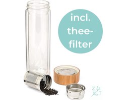 ZijTak - Dubbelwandige drinkfles - Waterfles -  Glas - Bamboe deksel - Transparant - 450 ml - Theefilter - Theefles - Filter - Glazen fles