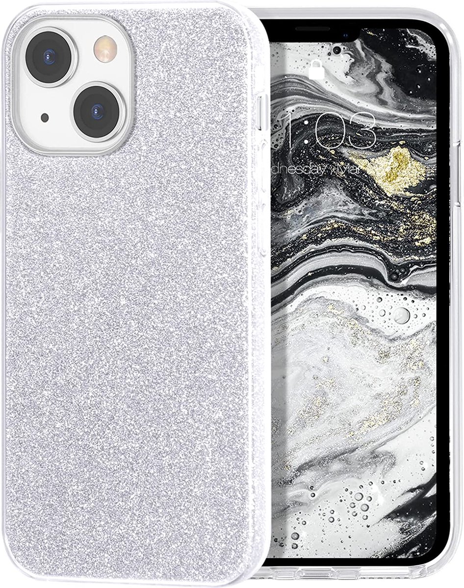 HB Hoesje Geschikt voor Apple iPhone 13 Mini - Zilver - Glitter Back Cover