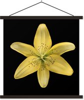 Posterhanger incl. Poster 90x90 cm - Schoolplaat - Een gele leliebloem over zwarte achtergrond - Textielposter - Zwarte latten