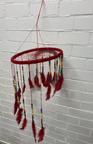 Dromenvanger met veren - rood - plafond - Dreamcatcher with feathers- Dia 34 cm x lengte 60 cm