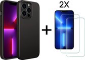iPhone 13 Pro Hoesje Matte Zwart Siliconen Back Cover met 2X Screenprotector - Tempered Glass - Epicmobile