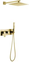 Vierkante inbouw regendouche met wandarm 25cm douchekop mat goud tweeknops bediening