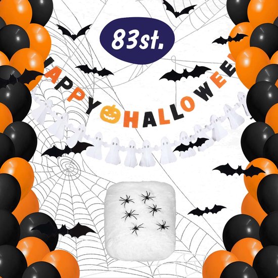 Halloween Decoratie Set - Halloween Versiering – Binnen & Buiten - Horror Accesoires – Helloween Feestpakket incl. Ballonnen, Spinnen, Spoken, Vleermuizen, & Spinnenweb - XL - 76 Stuks