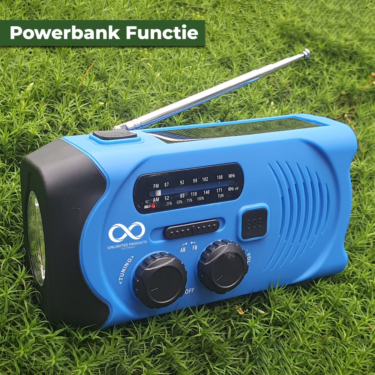 Noodradio - Solar - Opwindbaar - Blauw - Powerbank zonneenergie - Zaklamp - draagbare radio