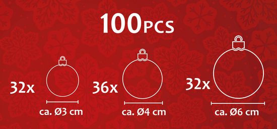 Drie iconen van kerstballen met aanduiding van aantallen en diameters: 32x Ø 3cm, 36x Ø 4cm, 32x Ø 6cm.