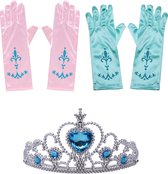 Het Betere Merk - Voor bij je prinsessen verkleedkleding - prinsessenspeelgoed meisje - speelgoed - 3-Pack - handschoenen + Kroon - Tiara - Roze - Blauw