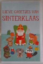 Lieve groetjes van Sinterklaas! Een lieve wenskaart met verschillende dieren en cadeautjes om sinterklaas heen. Een dubbele wenskaart inclusief envelop en in folie verpakt.