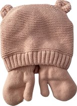 Set Warme baby Muts + handschoen met koord  0-6 maanden: Kleur Roze