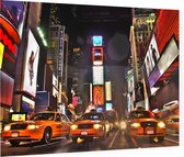 Gele taxi's op Times Square in nachtelijk New York - Foto op Plexiglas - 90 x 60 cm