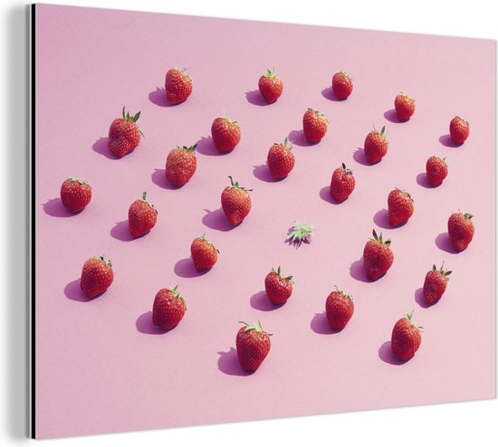 Wanddecoratie Metaal - Aluminium Schilderij Industrieel - Aardbei - Roze - Fruit - 60x40 cm - Dibond - Foto op aluminium - Industriële muurdecoratie - Voor de woonkamer/slaapkamer