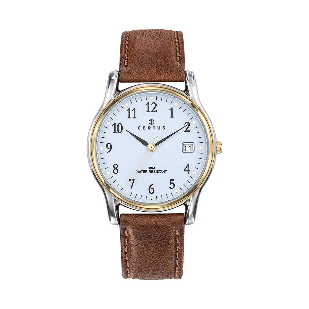 Certus-Duidelijk heren horloge-Datumaanduiding-Bicolor-Bruin lederen band.