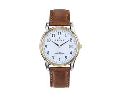 Certus-Duidelijk heren horloge-Datumaanduiding-Bicolor-Bruin lederen band.