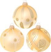 Drie Verschillende Luxe Gedecoreerde Gouden Kerstballen - Doosje met 3 kerstballen van 8 cm