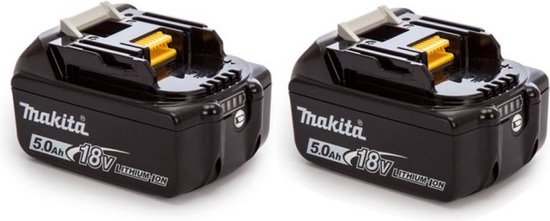 Twee zwarte Makita 18V 5.0Ah lithium-ion accu's, zijaanzicht met witte ontgrendelknoppen en gele geleiders.