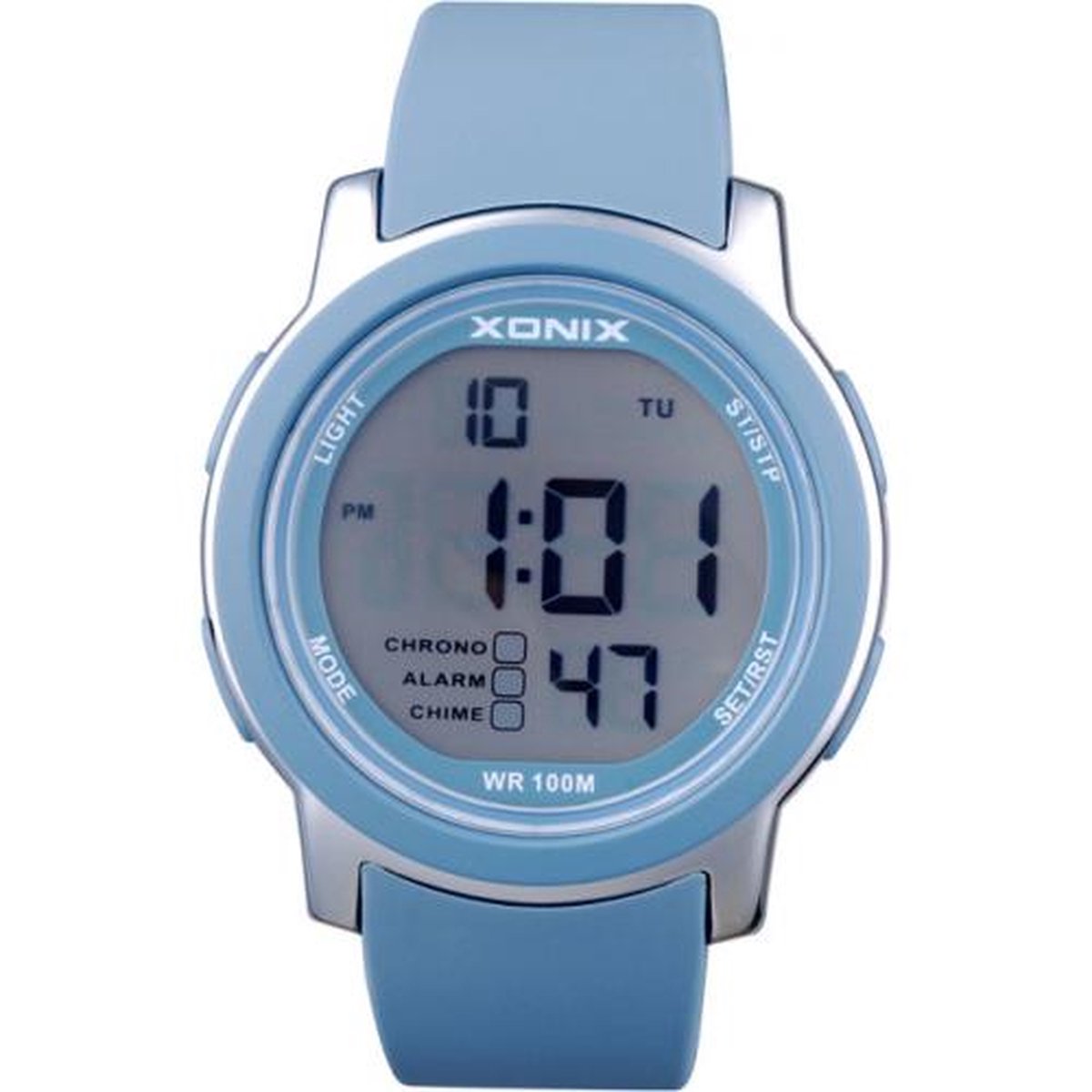 Xonix DAR-002 - Horloge - Digitaal - Unisex - Rond - Siliconen band - ABS - Cijfers - Achtergrondverlichting - Alarm - Start-Stop - Chronograaf - Tweede tijdzone - Waterdicht - 10ATM - Grijs