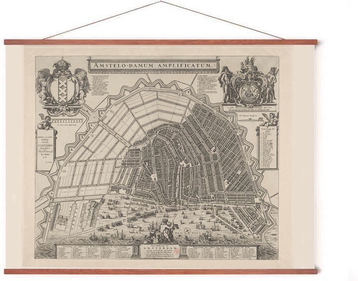 Esque Poster In Posterhanger - Historische Oude Kaart Amsterdam - 50x70 cm - Kader Hout - Ophangsysteem - Vintage Plattegrond