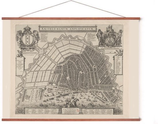 Poster In Posterhanger - Historische Oude Kaart Amsterdam - 50x70 cm - Kader Hout - Ophangsysteem - Vintage Plattegrond