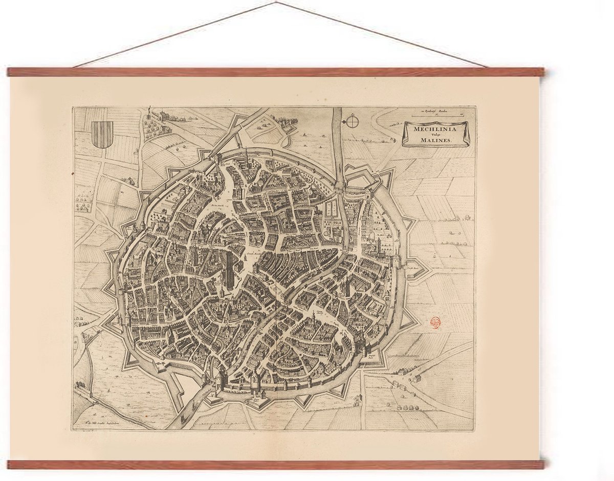 Esque Poster In Posterhanger - Historische Oude Kaart Mechelen - 50x70 cm - Kader Hout - Ophangsysteem - Vintage Plattegrond