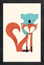 JUNIQE - Poster in houten lijst Fox and Koala -40x60 /Blauw & Oranje