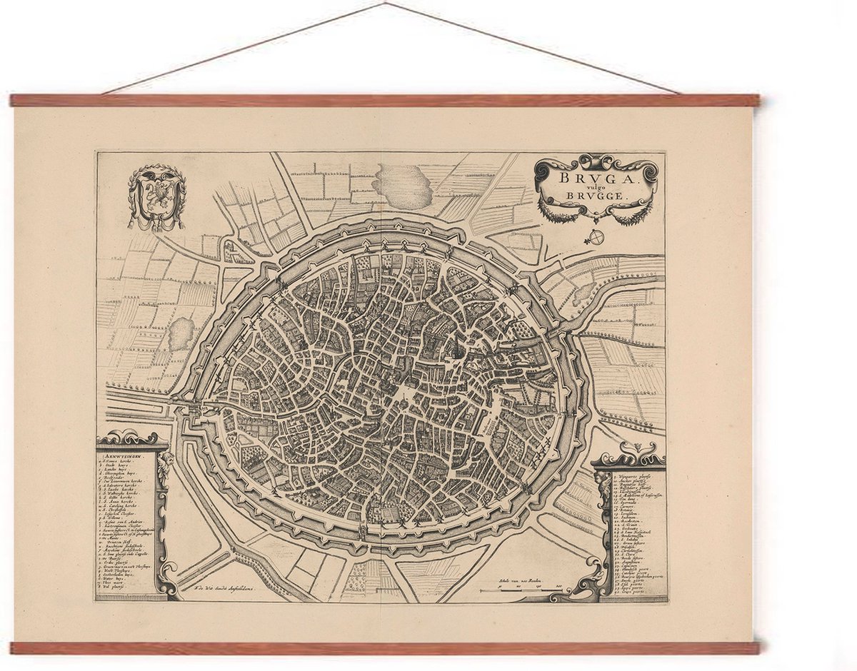 Esque Poster In Posterhanger - Historische Oude Kaart Brugge - 50x70 cm - Kader Hout - Ophangsysteem - Vintage Plattegrond