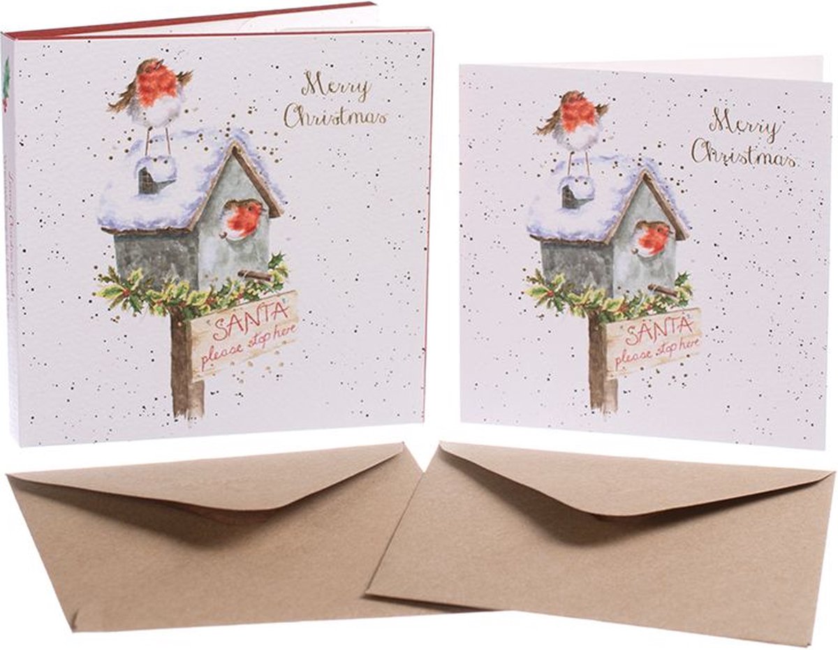 Wrendale Designs - Set 8 Wenskaarten Kerst - Santa Please Stop Here