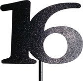 Taartdecoratie versiering| Taarttopper| Cake topper | Taartversiering| Verjaardag| Cijfers | 16 | Zwart | glitter| 14 cm| karton
