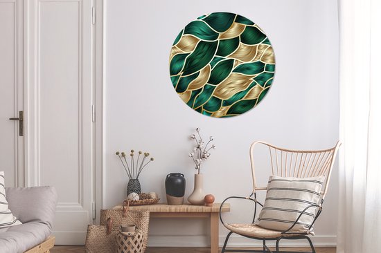 Abstrait avec papier peint cercle mural or et vert - 100x100 cm - peinture ronde - cercle de papier peint - cercle mural - cercle vivant - auto-adhésif et découpe ronde