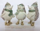 Trio dansende egels met sjaal en muts - Wit / creme / groen / zilver - 13 x 5 x 9 cm hoog