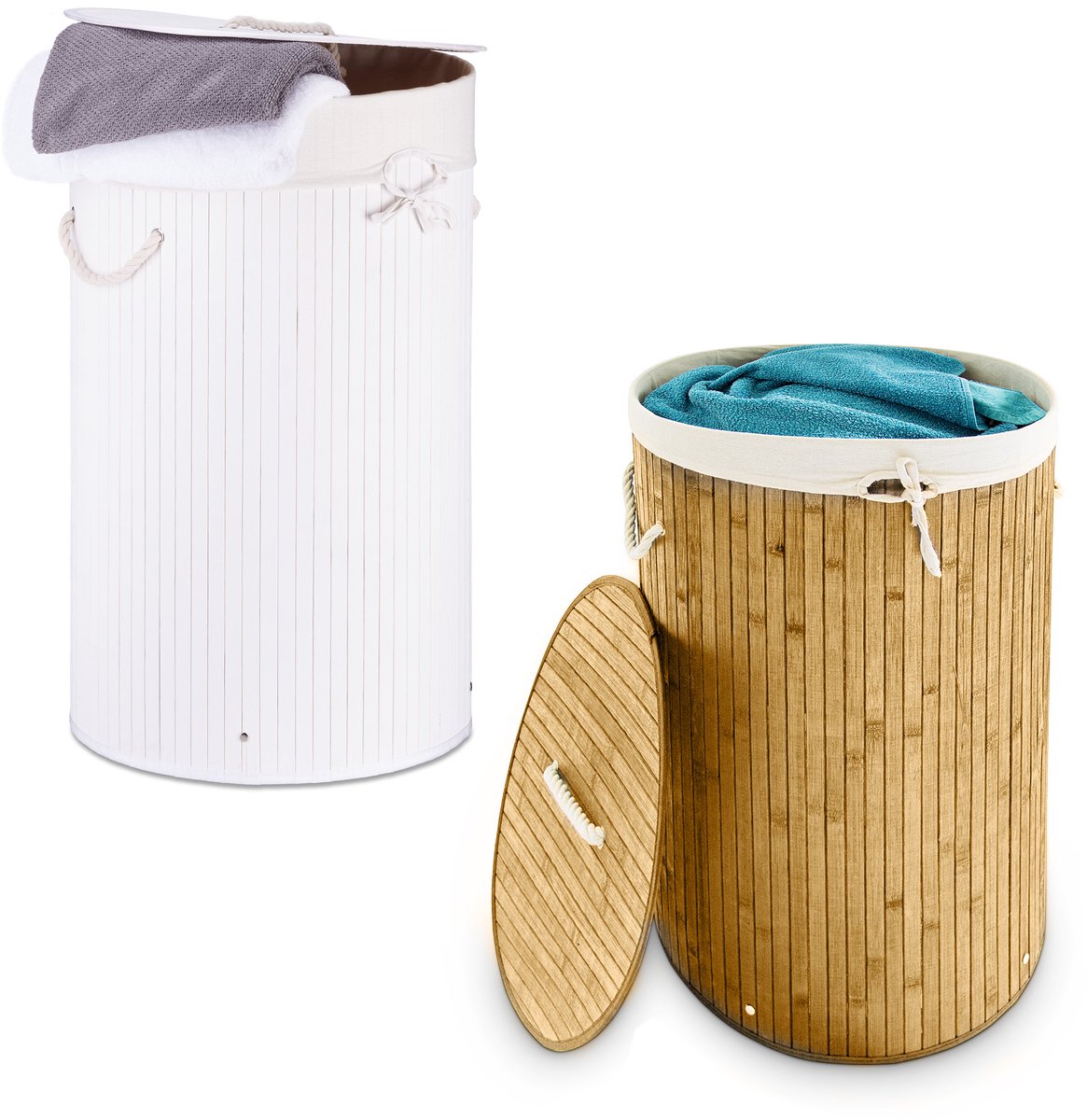 Goedkoopste 2 x wasmand bamboe - wasmanden met deksel - rond - waszak katoen - elk 80 liter