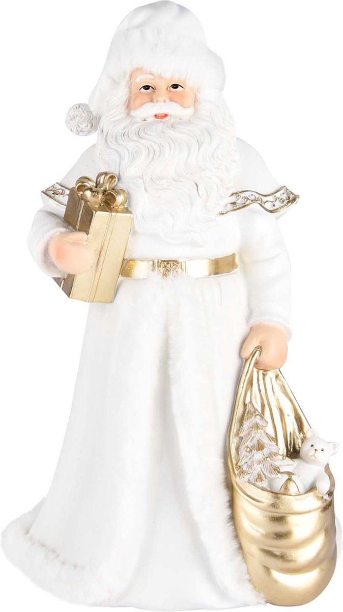 Santa / Kerstman met zak en cadeau - wit / goud - 17 x 17 x 31 cm hoog