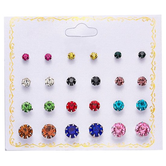 Fako Bijoux® - 12 Paires Boucles d'oreilles d'Oreilles Sur Carte - Clous - Zircone - 3-8mm - Mix - 12 Paires