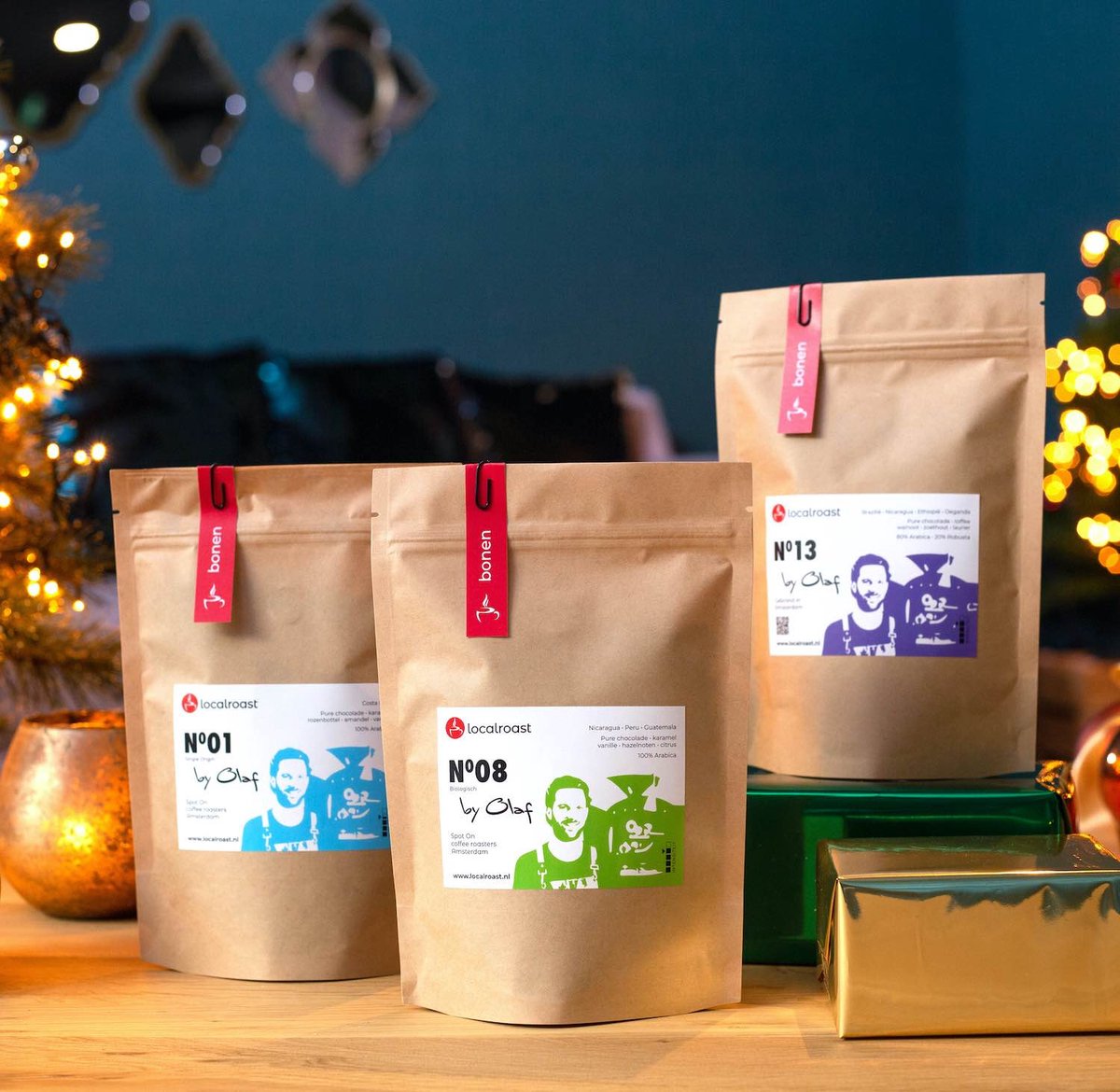 Localroast koffie proefpakket kerstcadeau met 3 x 200g vers gebrande koffies | Bonen | met kerstkaart | cadeaupakket | voor koffieliefhebber