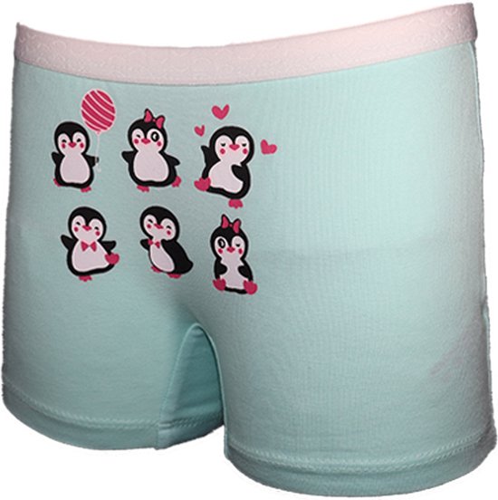 Mintgroene meisjes boxer met een print van zes pinguïns, sommigen met strikjes en ballonnen.