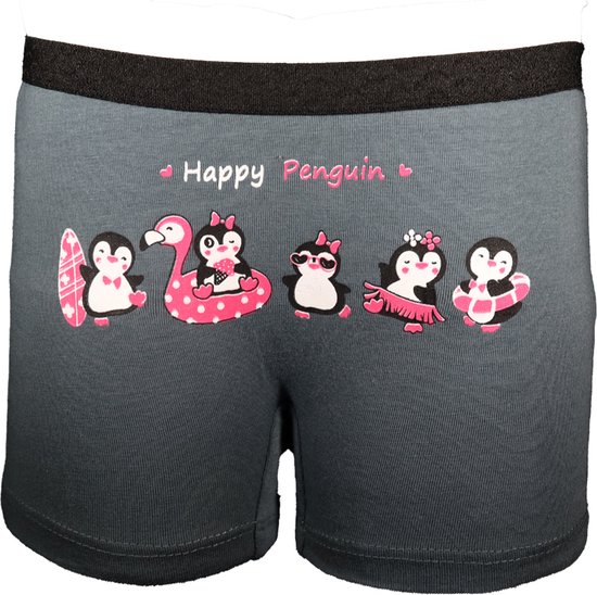 Grijze meisjes boxer met ombré-effect en 'Happy Penguin' print van pinguïns op een surfplank, flamingo en zwemband.