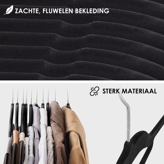 Revêtement noir en velours sur des cintres avec un crochet métallique solide. Divers vêtements sont suspendus.