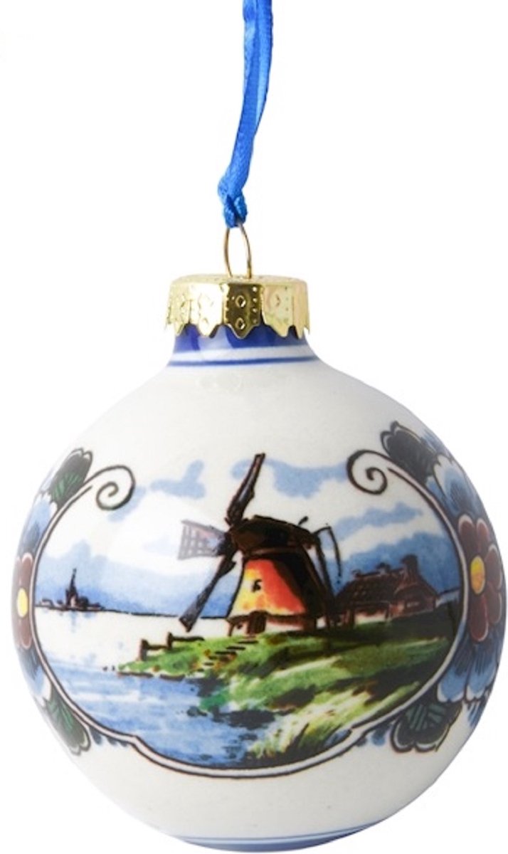 Heinen Delfts Blauw | Kerstbal Landschap met molen | 2 stuks | Kleur | klein | Souvenir