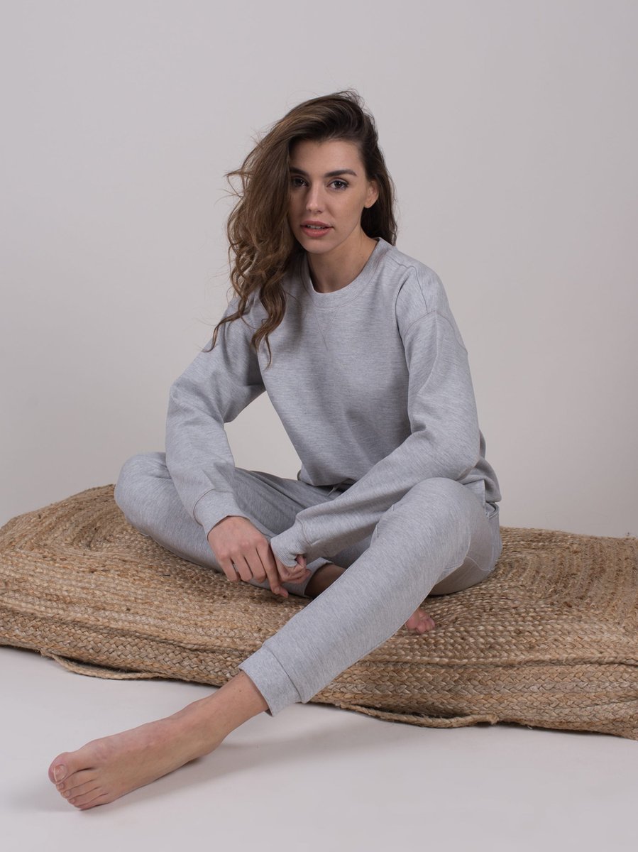 Dames sweater grey melange tencel langemouw met rondehals - FIRENZE