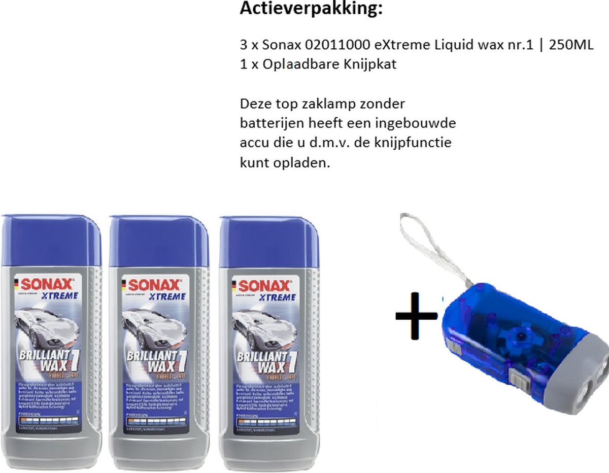SONAX eXtreme Liquid Wax nr1 250ml 3 stuks + Knijpkat/Zaklamp