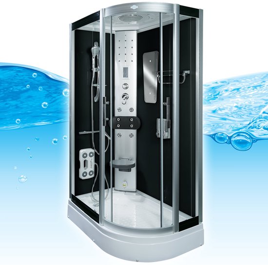 Stoomcabine 120X80X215 Fiona. Luxe Stoomdouche, THERMOSTAATKRAAN, RECHTS, Kit-Vrij, Zwart, Veiligheidsglas, LED, Radio, Speakers, Zitje, Massage, Hoekmodel, Kwartrond, Schuifdeuren, Douchebak, Afvoer, Sifon, A Kwaliteit, Full Options. Royal Sanitair