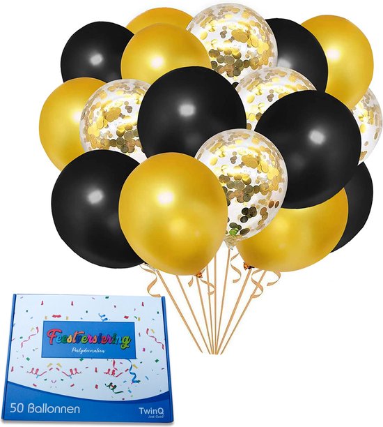 TwinQ 50x Papieren Confetti & Latex Helium Ballonnen - Verjaardag Bruiloft Versiering - Abraham Sarah - Verjaardag Feest Versiering - Ballonnenboog Decoratie - Zwart en Goud