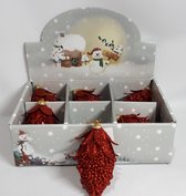 Kerstballen in sfeervolle display - Dennenappels -  Rood Glitter - 6 Stuks - 12 x 7 cm - Kerstboom Versiering - Kerst Decoratie - Kunststof - Kerstmis