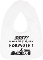 Hospitrix Slabbetje met Tekst  "SSST! Mama  en Ik kijken Formule 1" Wit  - Kerstcadeau - Cadeau Zwangerschap - Baby Kwijldoek - Kwijllap - Morslap - Bavette - Go Max