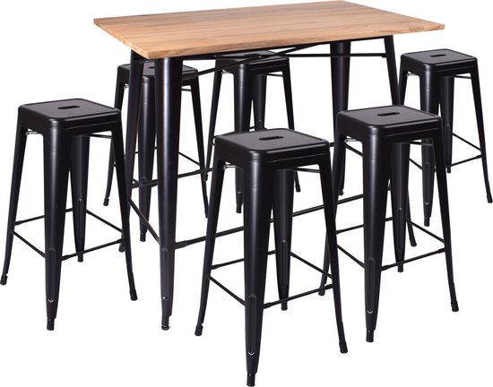 Table de bar + tabourets de bar Vintage Tolix - métal noir - lot de 6 dont table