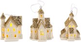 Verlichte huisjes - Glitters Huisjes met led licht -Huisporselein wit + gouden glitter om op te hangen met LED - hoogte: 8,5 + 9,5 cm - 3 Stuks