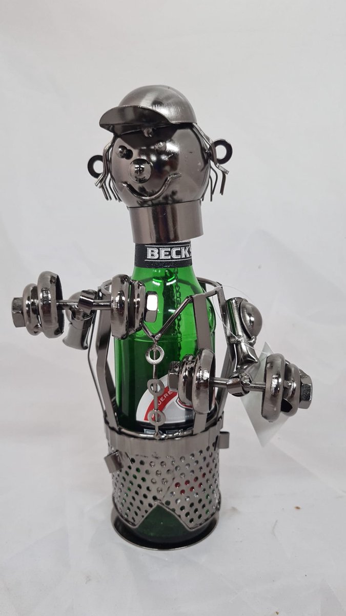 sportbeeldje gewichtheffen wijnfleshouder - moermannetje fitnissen - cadeaubeeldje - metalen cadeau beeldje