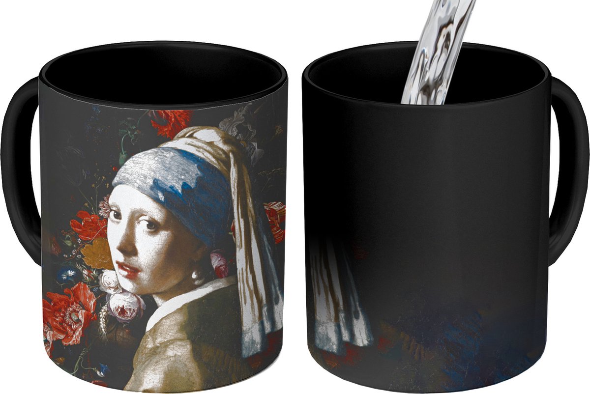 Magische Mok - Foto op Warmte Mokken - Koffiemok - Meisje met de parel - Johannes Vermeer - Bloemen - Magic Mok - Beker - 350 ML - Theemok
