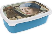 Broodtrommel Blauw - Lunchbox - Brooddoos - Meisje met de parel - Molen - Vermeer - 18x12x6 cm - Kinderen - Jongen