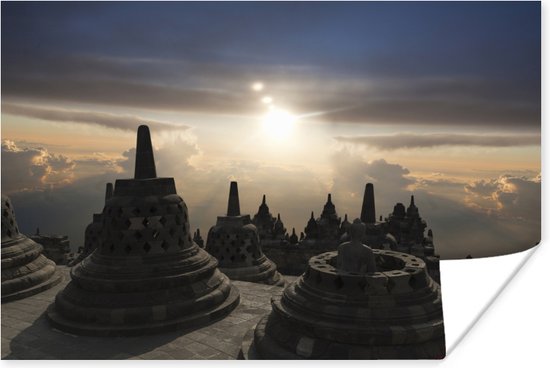 Borobudur bij zonsondergang Indonesie Poster - Foto print op Poster (wanddecoratie)