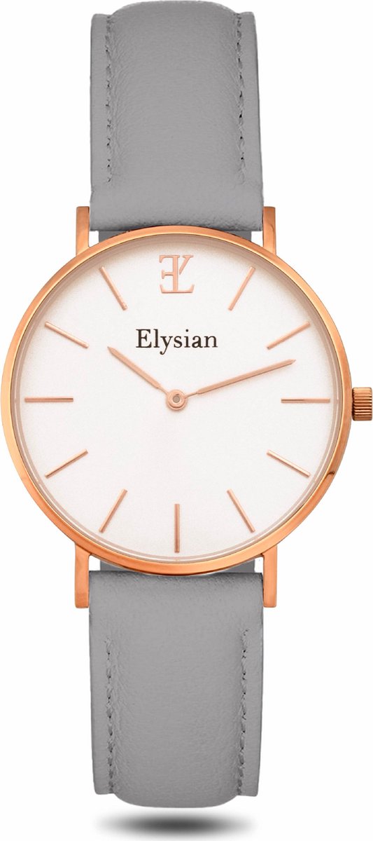Elysian - Horloge Dames - Rose Goud - Grijs Leer - 36mm - Waterdicht - Cadeau Voor Vrouw