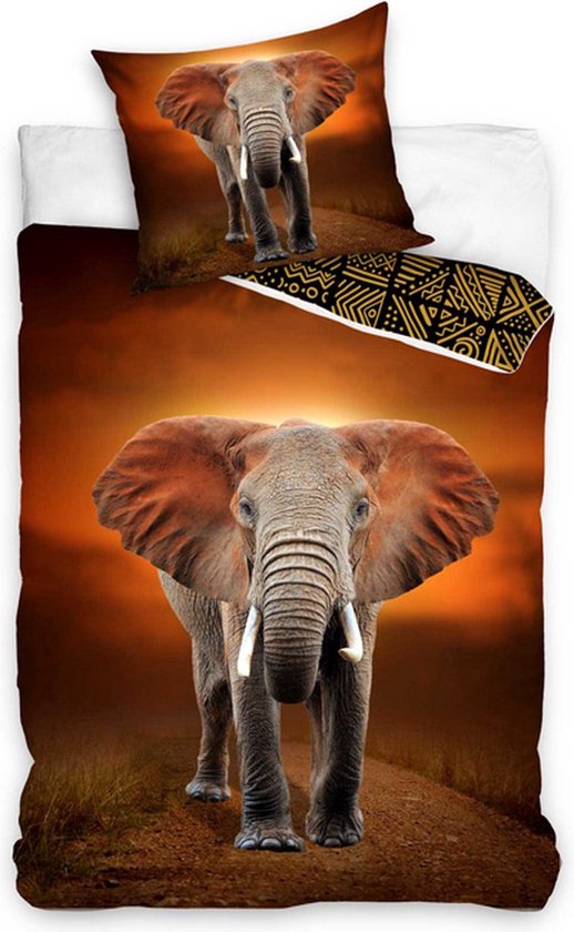 1-persoons dekbedovertrek (dekbed hoes) met grote wilde olifant (fotoprint elephant) in de savanne bij zonsondergang in de natuur (bruin / oranje) KATOEN eenpersoons 140 x 200 cm (cadeau idee dieren slaapkamer / kinderkamer!)